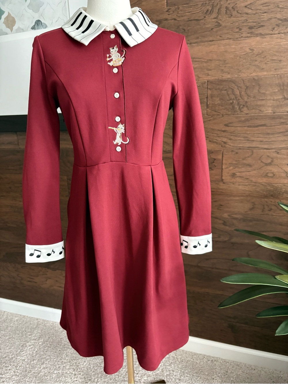 Miss Patina Kitten Melody Dress Embroidered Midi, Maroon, Medium